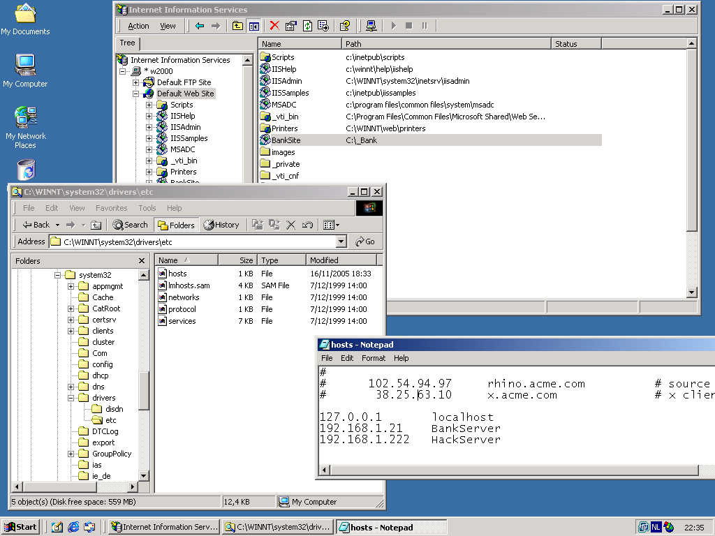 Screenshot of IIS Manager and HOSTS file